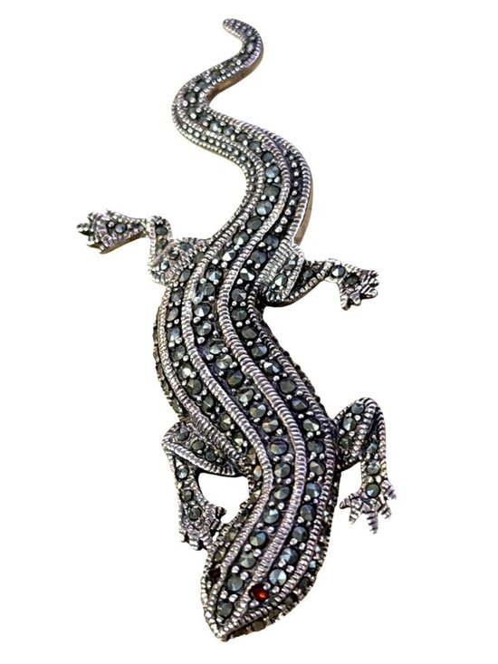 Unknown Jewelry - Vintage Signed 925 Lizard Gecko Brooch Pin Marcasite Garnet Eyes Textured 3" 13g